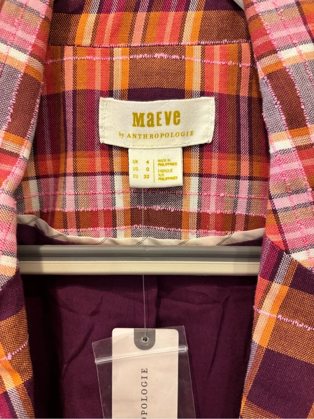 Anthropologie Plaid Blazer in Burgundy, Orange & Pink